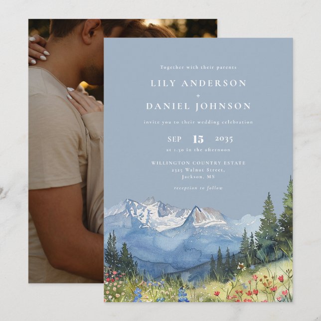 Dusty Blue Mountain Wildblume Foto Hochzeit Einladung (Vorne/Hinten)