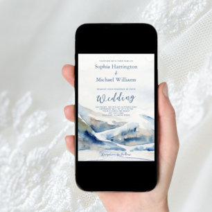 Dusty Blue Mountains Hochzeit Einladung QR Code
