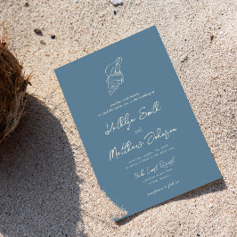 Dusty Blue Muschel Beach Ocean Hochzeit in Urlaubs Einladung