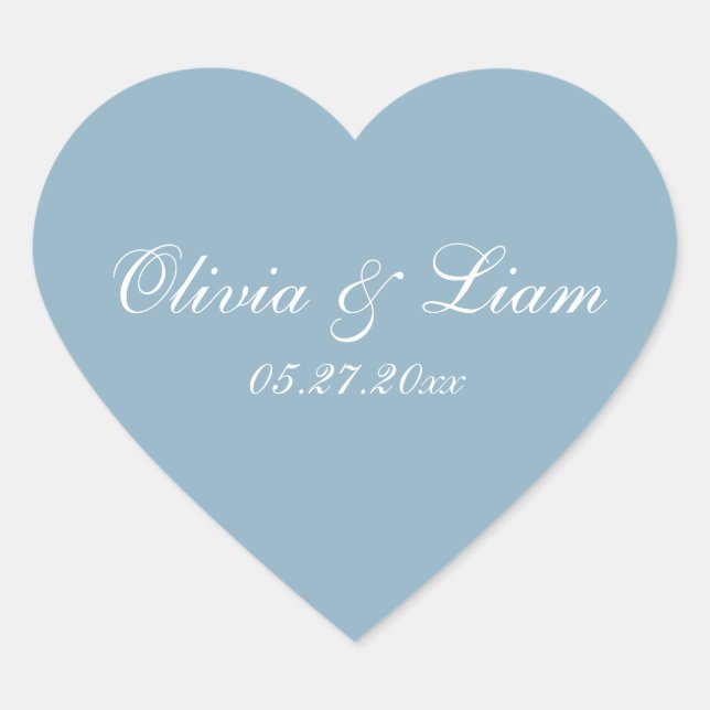 Dusty Blue Name Date Elegante Hochzeit Herz-Aufkleber (Vorderseite)