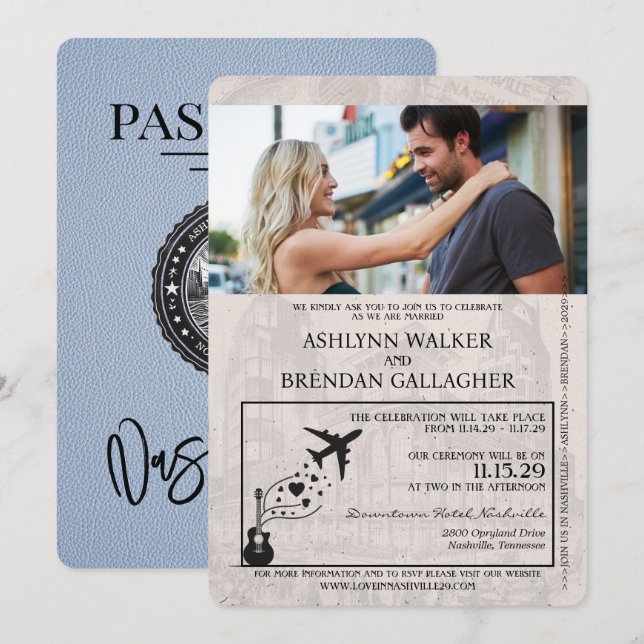 Dusty Blue Nashville Passport Hochzeit Einladung (Vorne/Hinten)