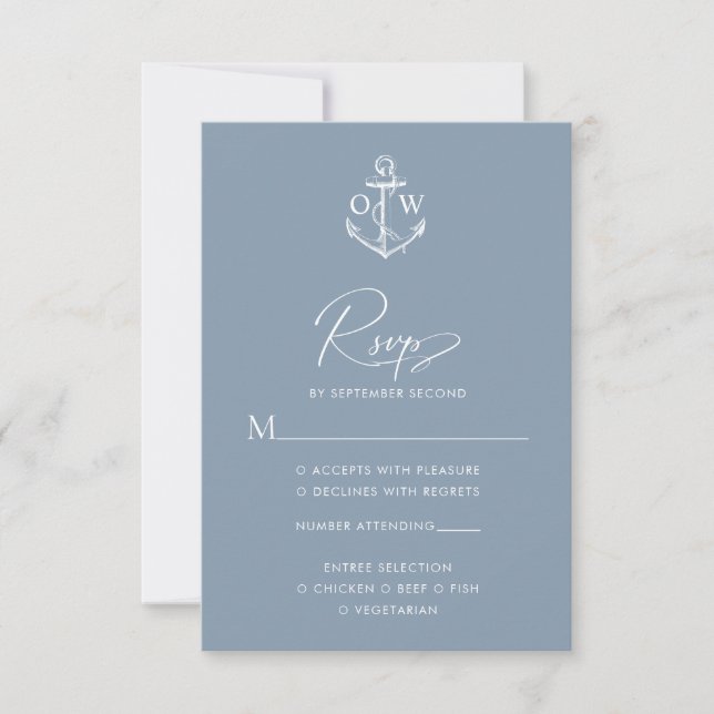 Dusty Blue Nautical Anchor Monogram Wedding RSVP Karte (Vorderseite)