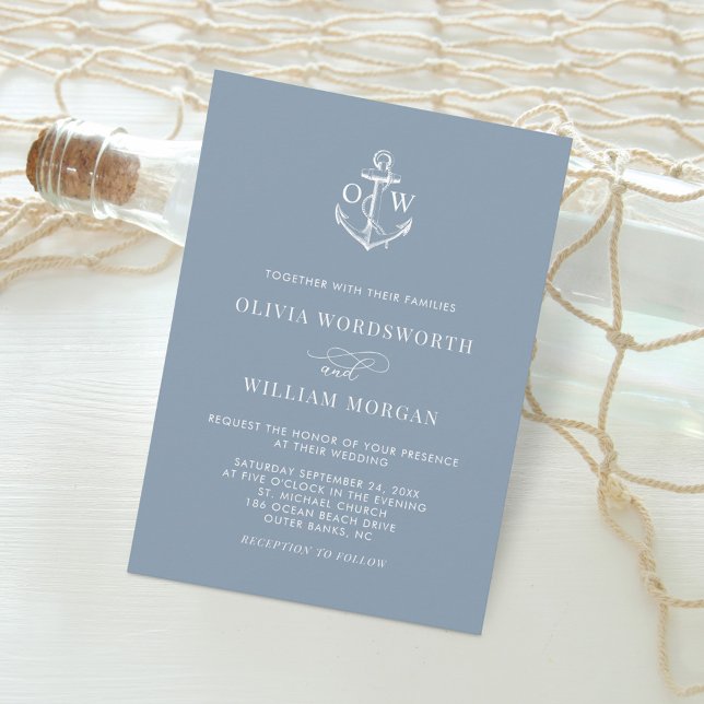Dusty Blue Nautical Monogram Anchor Wedding Einladung (Von Creator hochgeladen)