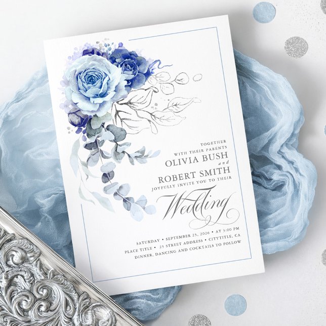 Dusty Blue & Navy Blue Boho Silver Floral Wedding Einladung (Dusty Blue and Silver Botanical Floral Chic Wedding Invitation)
