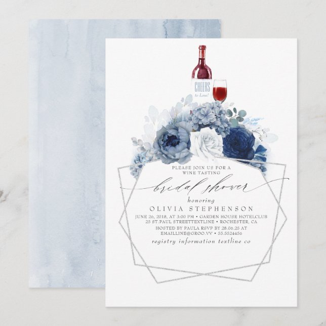 Dusty Blue Navy Blume Weinverkostung Brautparty Einladung (Vorne/Hinten)