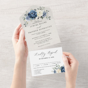 Dusty Blue Navy Champagne Elfenbein BlumenWedding All In One Einladung