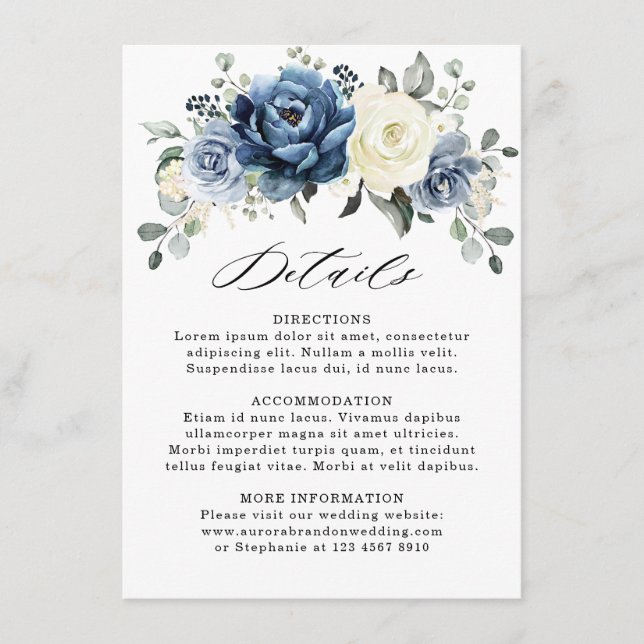 Dusty Blue Navy Champagne Elfenbein Hochzeitsdetai Begleitkarte (Vorderseite)