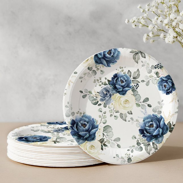 Dusty Blue Navy Champagne Elfenbein Hochzeitspap Pappteller (Dusty Blue Navy Champagne Ivory Floral Wedding Pap Paper Plates)