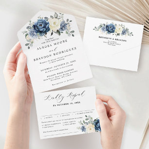 Dusty Blue Navy Champagne Elfenbeinblume Hochzeit All In One Einladung