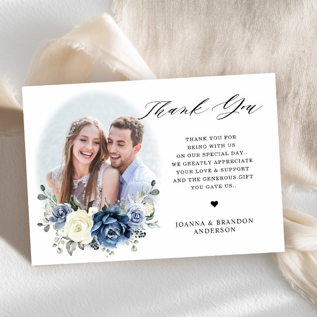 Dusty Blue Navy Champagne Elfenbeinblume Hochzeit Dankeskarte (Dusty Blue Navy Champagne Ivory Floral Wedding Thank You Card)