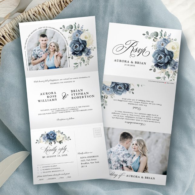 Dusty Blue Navy Champagne Elfenbeinblume Hochzeit Dreifach Gefaltete Ankündigung (Dusty Blue Navy Champagne Ivory Floral Wedding Tri-Fold Announcement)