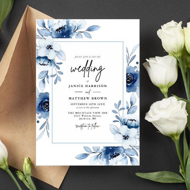 Dusty Blue Navy Champagne Elfenbeinblume Hochzeit Einladung (Von Creator hochgeladen)