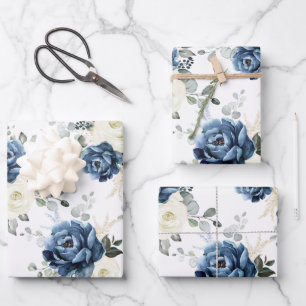 Dusty Blue Navy Champagne Elfenbeinblume Hochzeit Geschenkpapier Set