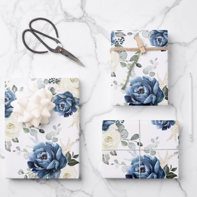 Dusty Blue Navy Champagne Elfenbeinblume Hochzeit Geschenkpapier Set (Vorderseite)