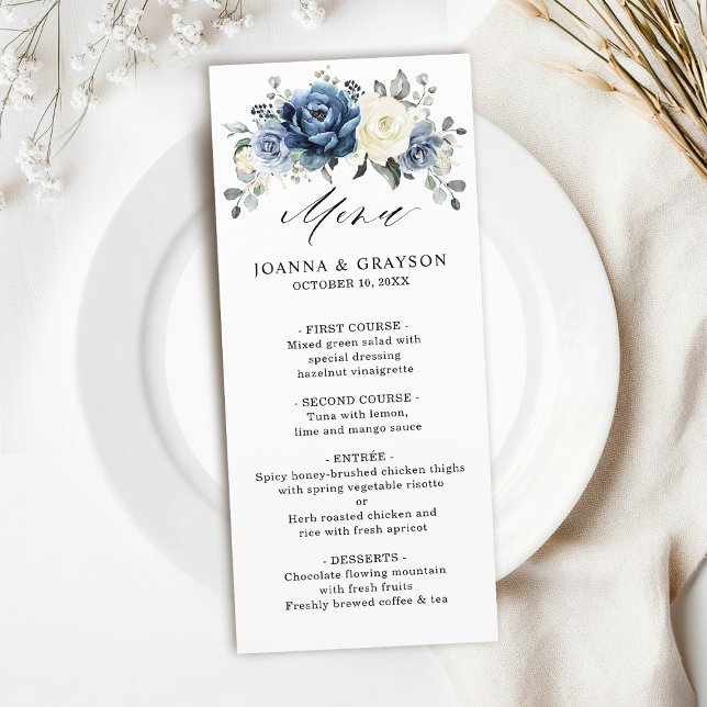 Dusty Blue Navy Champagne Elfenbeinblume Hochzeit Menükarte (Dusty Blue Navy Champagne Ivory Floral Wedding Menu)