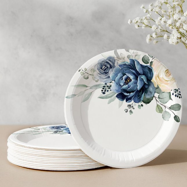 Dusty Blue Navy Champagne Elfenbeinblume Hochzeit Pappteller (Dusty Blue Navy Champagne Ivory Floral Wedding Paper Plates)