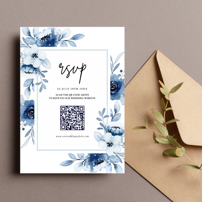 Dusty Blue Navy Champagne Elfenbeinblume Hochzeit RSVP Karte (Von Creator hochgeladen)