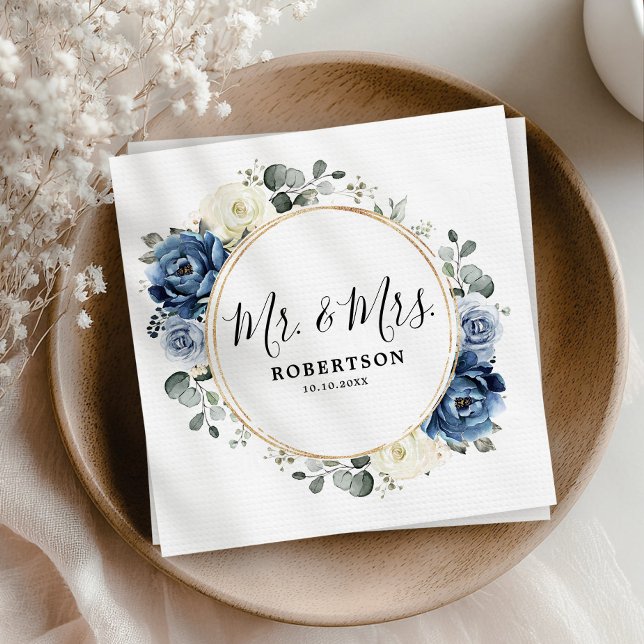 Dusty Blue Navy Champagne Elfenbeinblume Hochzeit Serviette (Dusty Blue Navy Champagne Ivory Floral Wedding Napkins)