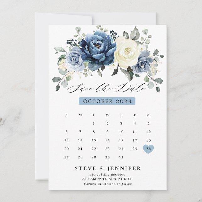 Dusty Blue Navy Champagne Elfenbeinblume Kalender  Save The Date (Vorderseite)