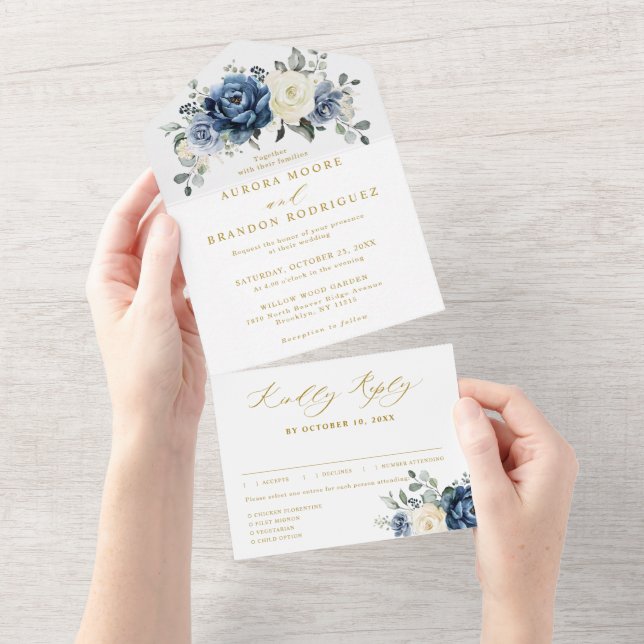 Dusty Blue Navy Champagne Elfenbeingold Hochzeit All In One Einladung (Abreißen)