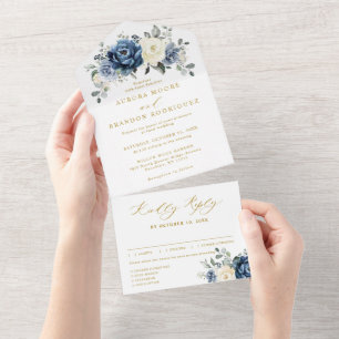 Dusty Blue Navy Champagne Elfenbeingold Hochzeit All In One Einladung