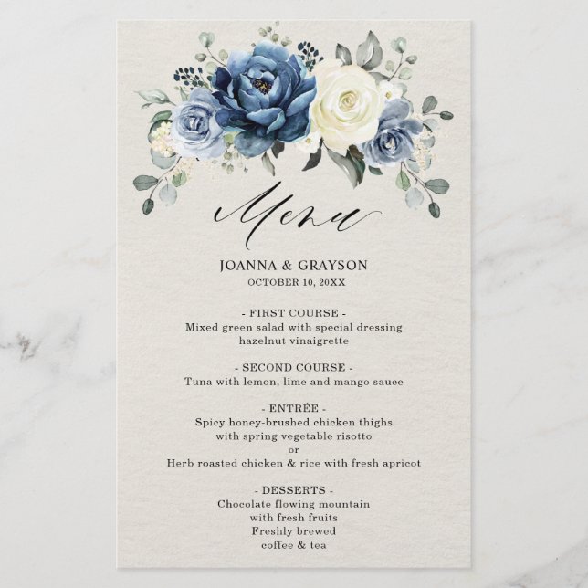 Dusty Blue Navy Champagne Hochzeitsmenü (Vorderseite)