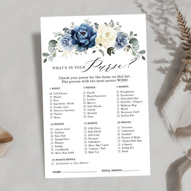 Dusty Blue Navy Champagne Ivory Brautparty Game (Dusty Blue Navy Champagne Ivory Bridal Shower Game what's in your purse?
)