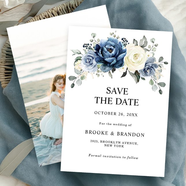 Dusty Blue Navy Champagne Ivory Chic Foto Hochzeit Save The Date (Dusty Blue Navy Champagne Ivory Chic Photo Wedding Save The Date)