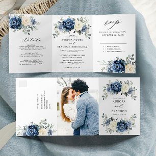Dusty Blue Navy Champagne Ivory Floral Dreifach Gefaltete Ankündigung