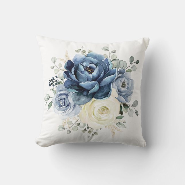 Dusty Blue Navy Champagne Ivory Floral Kissen (Vorderseite)