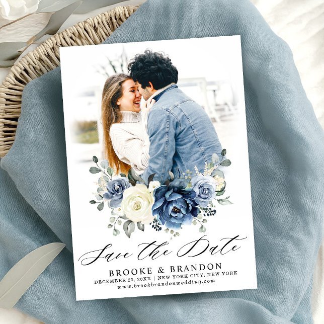 Dusty Blue Navy Champagne Ivory Floral Save The Date (Dusty Blue Navy Champagne Ivory Floral Save The Date)