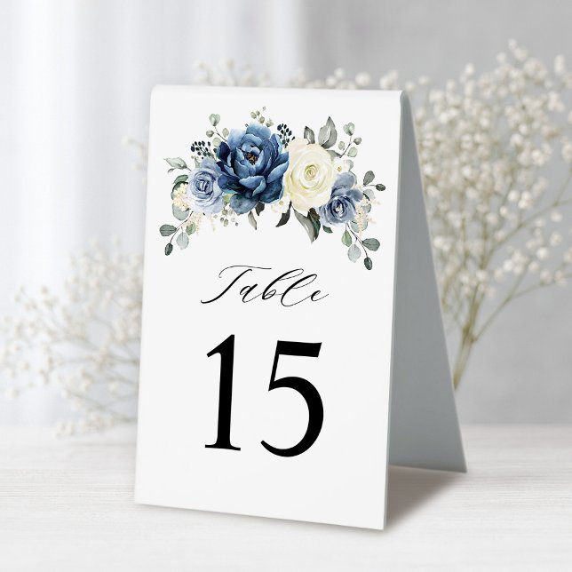 Dusty Blue Navy Champagne Ivory Floral Tischaufsteller (Dusty Blue Navy Champagne Ivory Floral Table Number )