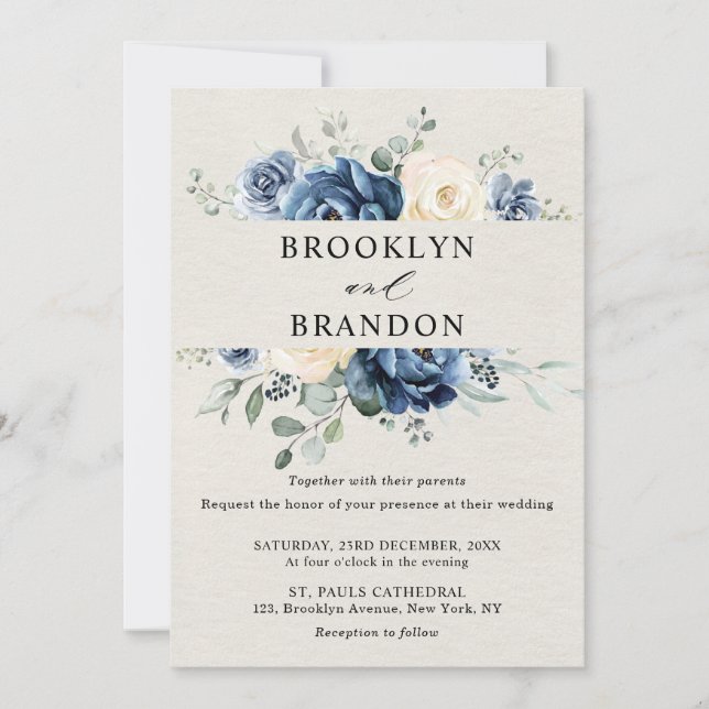 Dusty Blue Navy Champagne Ivory Floral Wedding Inv Einladung (Vorderseite)