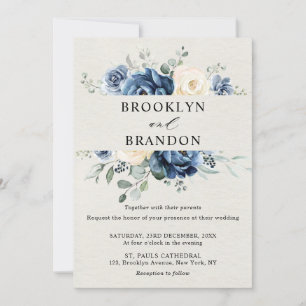 Dusty Blue Navy Champagne Ivory Floral Wedding Inv Einladung
