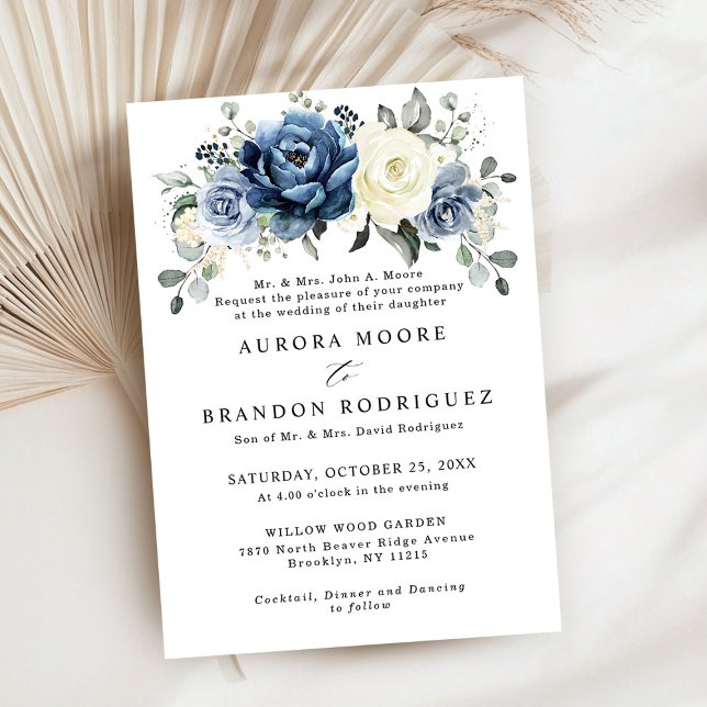 Dusty Blue Navy Champagne Ivory Floral Wedding Inv Einladung (Dusty Blue Navy Champagne Ivory Floral Wedding Invitation)