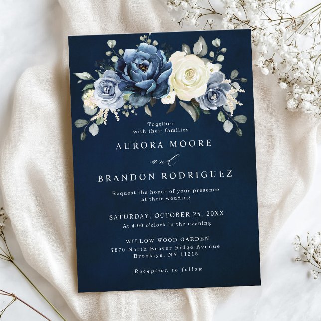 Dusty Blue Navy Champagne Ivory Floral Wedding Inv Einladung (Dusty Blue Navy Champagne Ivory Floral Wedding Invitation)