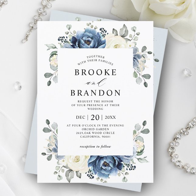 Dusty Blue Navy Champagne Ivory Floral Wedding Inv Einladung (Dusty blue Ivory floral wedding invitation)