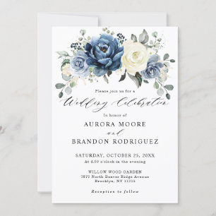 Dusty Blue Navy Champagne Ivory Floral Wedding Inv Einladung