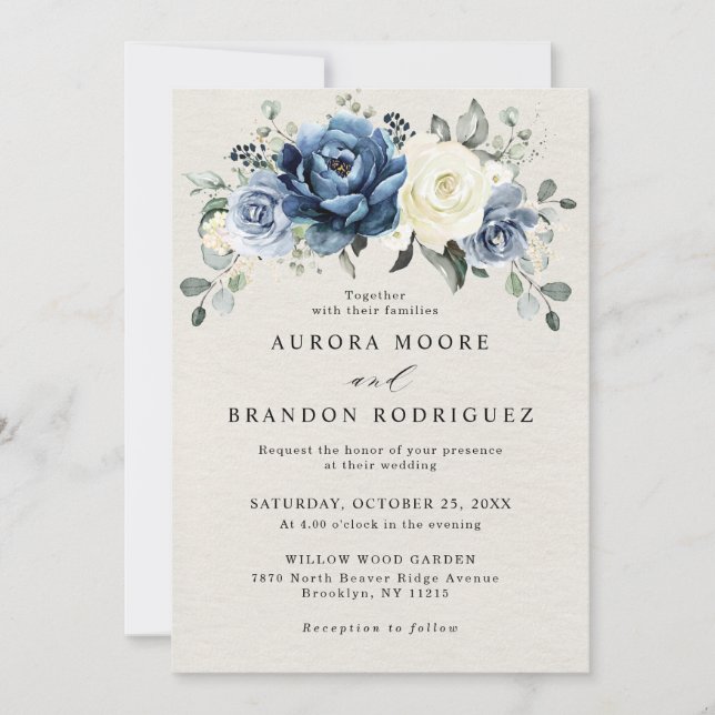 Dusty Blue Navy Champagne Ivory Floral Wedding Inv Einladung (Vorderseite)