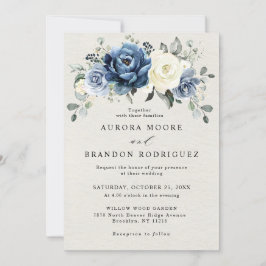 Dusty Blue Navy Champagne Ivory Floral Wedding Inv Einladung