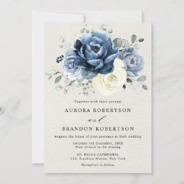 Dusty Blue Navy Champagne Ivory Floral Wedding Inv Einladung