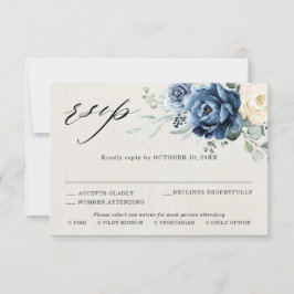 Dusty Blue Navy Champagne Ivory Floral Wedding RSV RSVP Karte