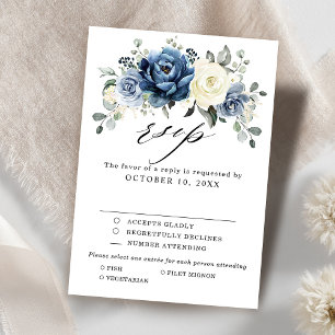 Dusty Blue Navy Champagne Ivory Floral Wedding RSV RSVP Karte