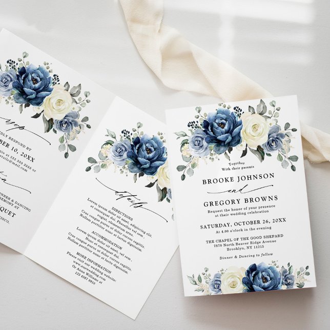 Dusty Blue Navy Champagne Ivory Folded Wedding Einladung (Dusty Blue Navy Champagne Ivory Floral Wedding Invitation)