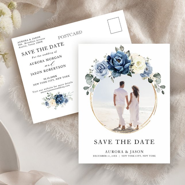 Dusty Blue Navy Champagne Ivory Save the Date Ankündigungspostkarte (Dusty Blue Navy Champagne Ivory Save the Date Announcement Postcard)