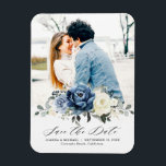 Dusty Blue Navy Champagne Ivory Save the Date Magnet<br><div class="desc">Dusty blue floral save the date magnet featuring elegant bouquet of navy blue, royal blue , white , gold, champagne ivory, blush color rose , ranunculus flower buds and sage green eucalyptus leaves and elegant watercolor bouquet. Please contact me for any help in customization or if you need any other...</div>