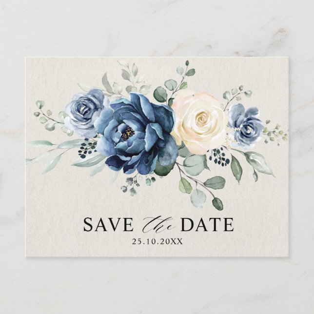 Dusty Blue Navy Champagne Ivory Save the Date Post Postkarte (Vorderseite)