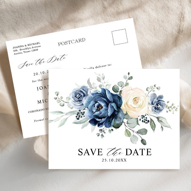 Dusty Blue Navy Champagne Ivory Save the Date Postkarte (Dusty Blue Navy Champagne Ivory Save the Date Postcard)