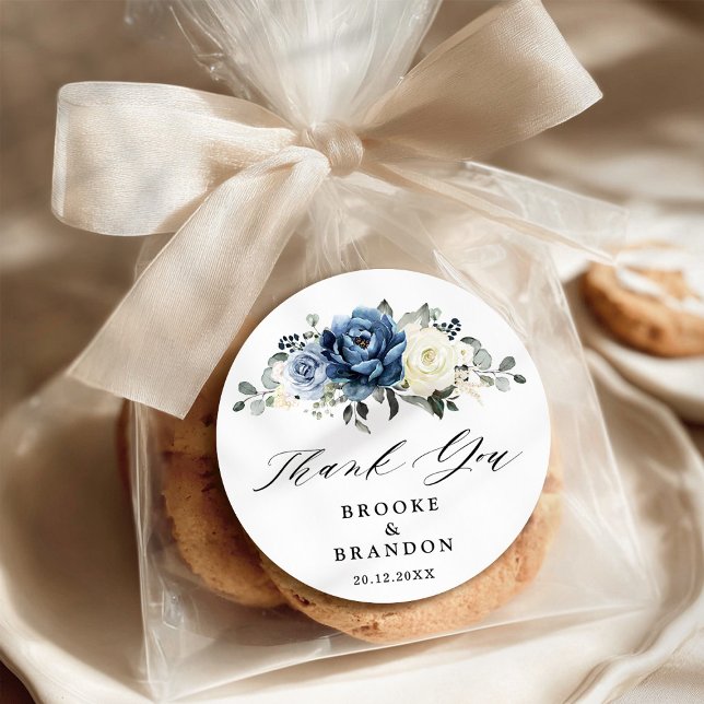 Dusty Blue Navy Champagne Ivory Vielen Dank Runder Aufkleber (Dusty Blue Navy Champagne Ivory wedding Thank you Classic Round Sticker)