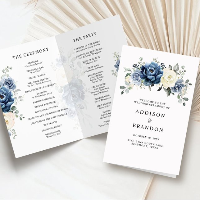 Dusty Blue Navy Champagne Ivory Wedding Programme (Dusty Blue Navy Champagne Ivory folded Wedding Program)